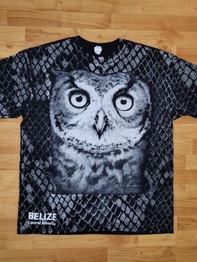 Big Owl AOP Graphic Nature Tee Travel Vacation Tourist Merch- Black & White, 2XL